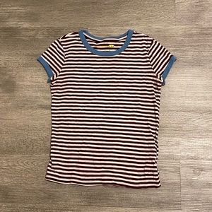 Maroon and white striped shirt with blue statement